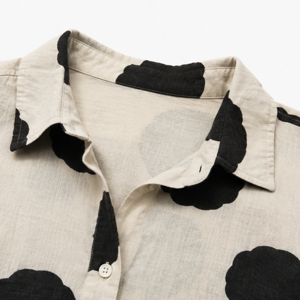 Comfortable Black Polka Dot Linen Blouse for Women with Collar Long Sleeve Oversized Fall Style