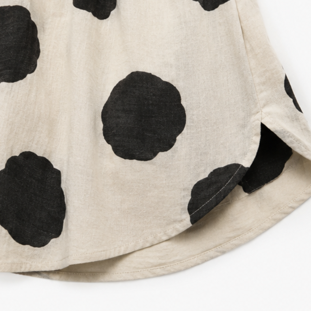 Comfortable Black Polka Dot Linen Blouse for Women with Collar Long Sleeve Oversized Fall Style