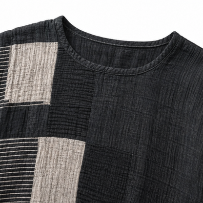 Effortless Black Multi Stripe Wide Leg Set for Women with Round Neck Long Sleeve Patchwork Relaxed Fall Style