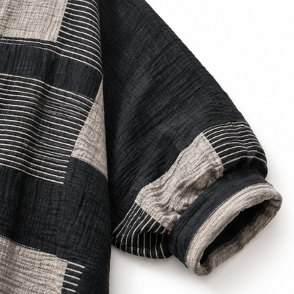 Effortless Black Multi Stripe Wide Leg Set for Women with Round Neck Long Sleeve Patchwork Relaxed Fall Style