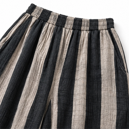Effortless Black Multi Stripe Wide Leg Set for Women with Round Neck Long Sleeve Patchwork Relaxed Fall Style