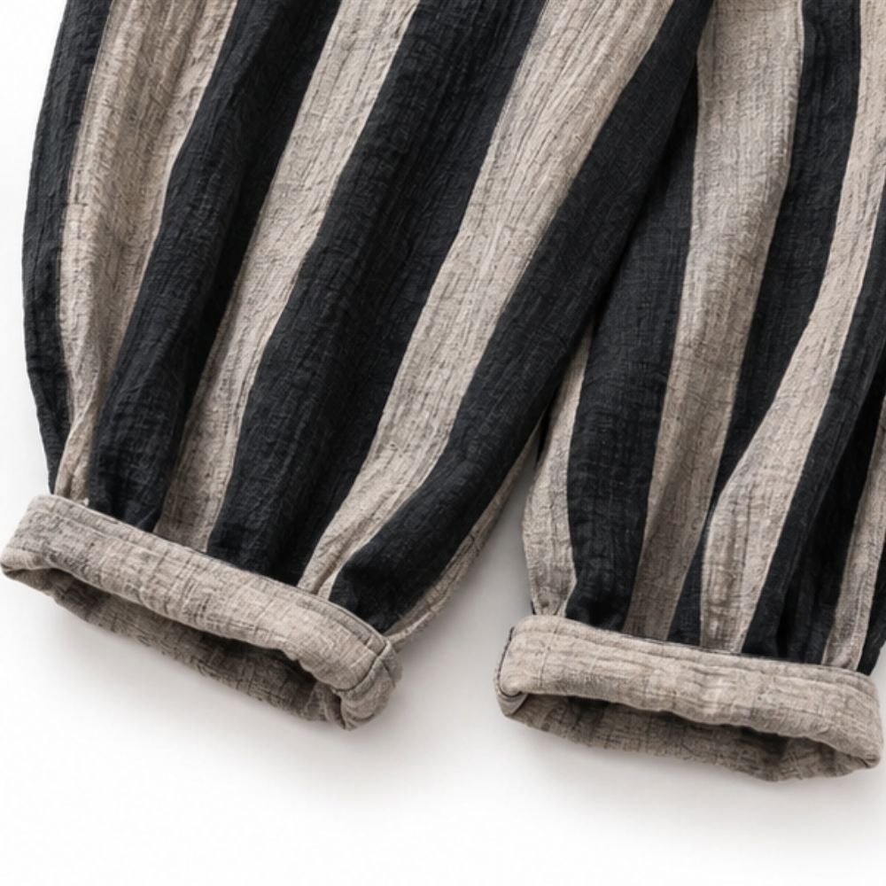 Effortless Black Multi Stripe Wide Leg Set for Women with Round Neck Long Sleeve Patchwork Relaxed Fall Style