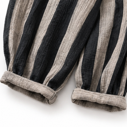 Effortless Black Multi Stripe Wide Leg Set for Women with Round Neck Long Sleeve Patchwork Relaxed Fall Style
