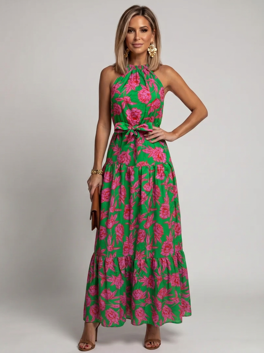 Elegant Green Floral Cocktail Dress for Women with Halter Neck Sleeveless Tiered Ruffle Maxi Style