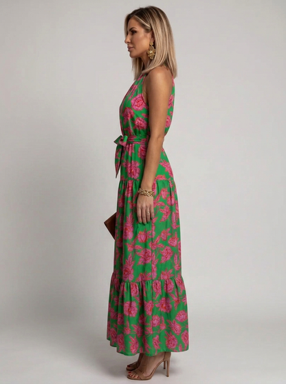 Elegant Green Floral Cocktail Dress for Women with Halter Neck Sleeveless Tiered Ruffle Maxi Style