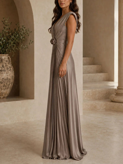 Elegant Taupe Satin Maxi Dress for Women with V Neck Pleated Rosette Waist Sleeveless Formal Style