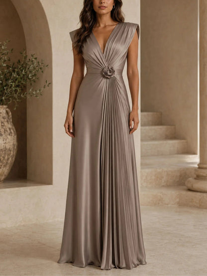 Elegant Taupe Satin Maxi Dress for Women with V Neck Pleated Rosette Waist Sleeveless Formal Style