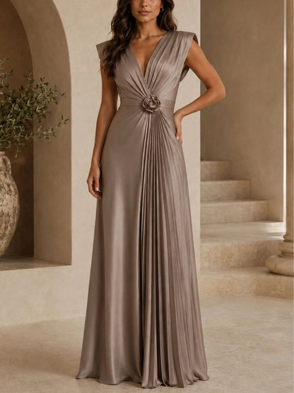 Elegant Taupe Satin Maxi Dress for Women with V Neck Pleated Rosette Waist Sleeveless Formal Style