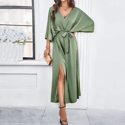 Elegant Midi Dress for Women with V Neck Bell Sleeve Tie Waist High Slit Flowing Style