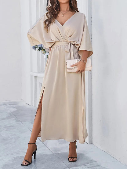 Elegant Midi Dress for Women with V Neck Bell Sleeve Tie Waist High Slit Flowing Style