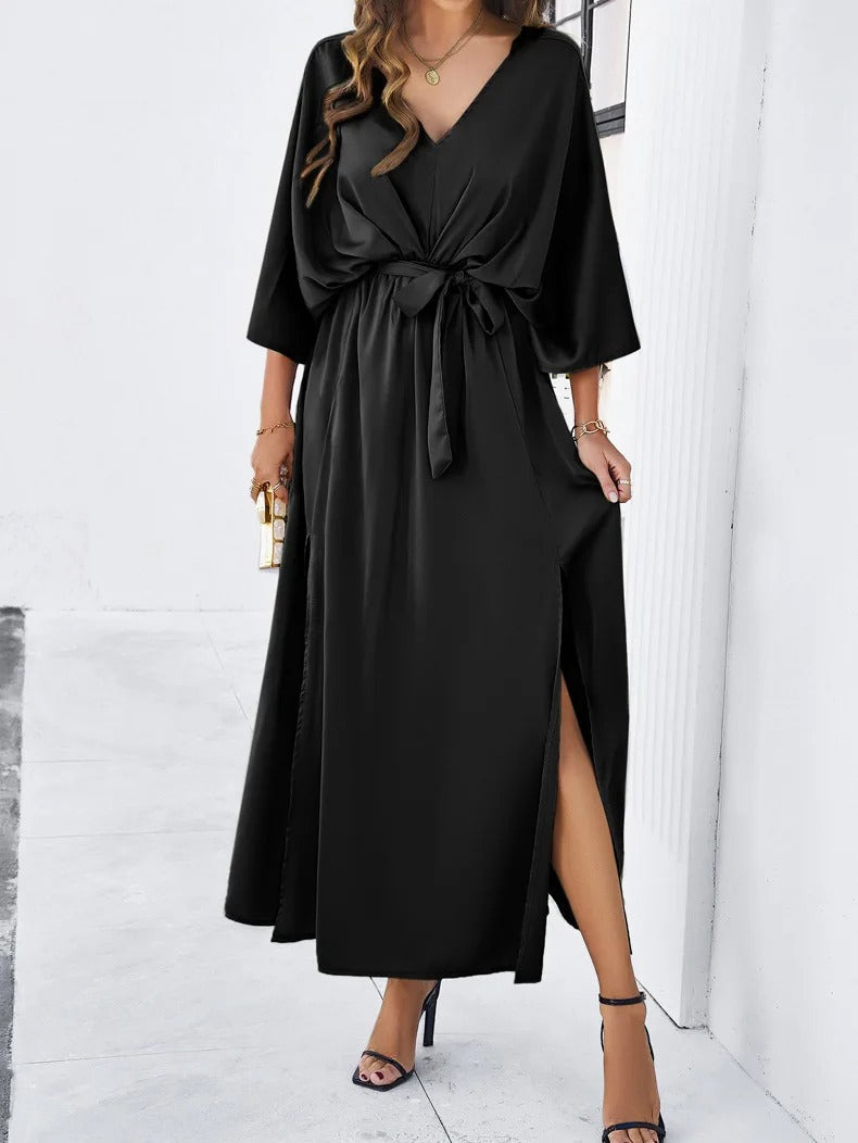 Elegant Midi Dress for Women with V Neck Bell Sleeve Tie Waist High Slit Flowing Style