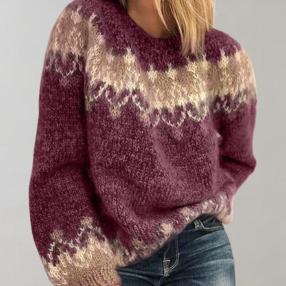 Comfortable Fair Isle Crewneck Sweater for Women with Long Sleeve Relaxed Oversized Knit Style