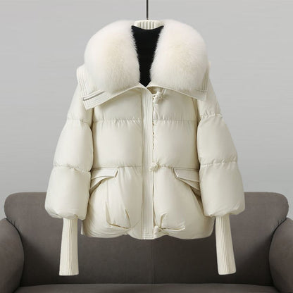 Elegant Fur Collar Puffer Jacket for Women with Hooded Long Sleeve Toggle Closure Oversized Style