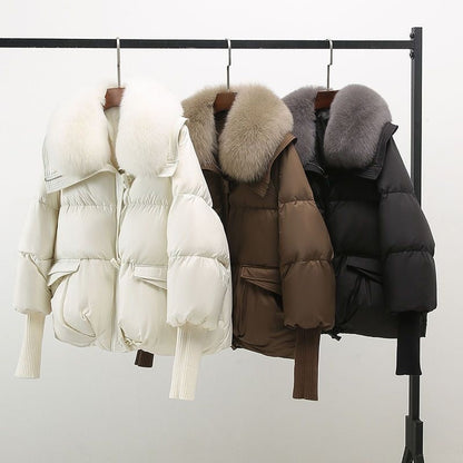 Elegant Fur Collar Puffer Jacket for Women with Hooded Long Sleeve Toggle Closure Oversized Style