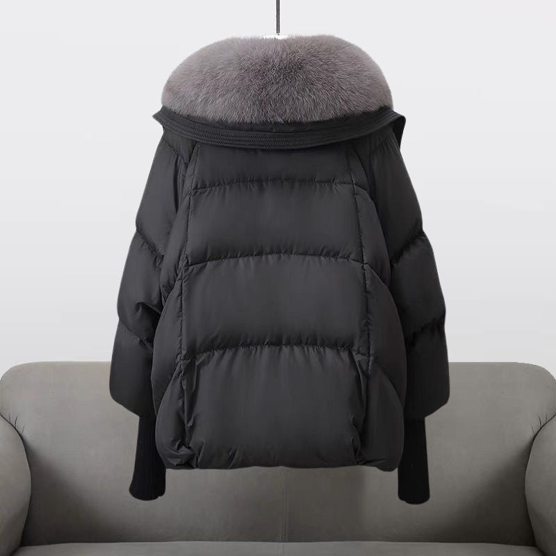 Elegant Fur Collar Puffer Jacket for Women with Hooded Long Sleeve Toggle Closure Oversized Style