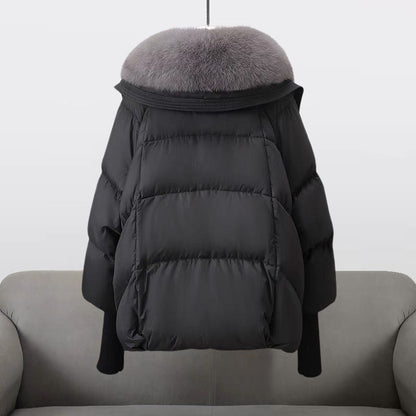 Elegant Fur Collar Puffer Jacket for Women with Hooded Long Sleeve Toggle Closure Oversized Style