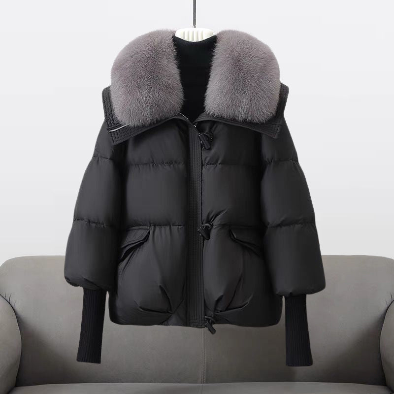 Elegant Fur Collar Puffer Jacket for Women with Hooded Long Sleeve Toggle Closure Oversized Style