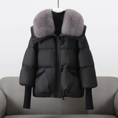Elegant Fur Collar Puffer Jacket for Women with Hooded Long Sleeve Toggle Closure Oversized Style