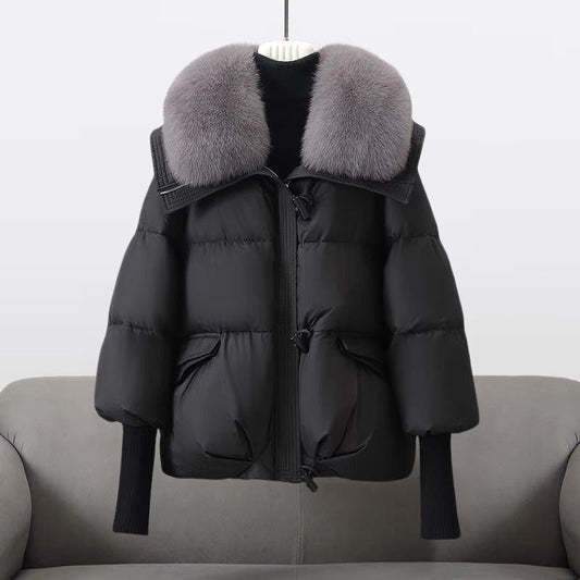Elegant Fur Collar Puffer Jacket for Women with Hooded Long Sleeve Toggle Closure Oversized Style