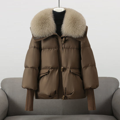Elegant Fur Collar Puffer Jacket for Women with Hooded Long Sleeve Toggle Closure Oversized Style