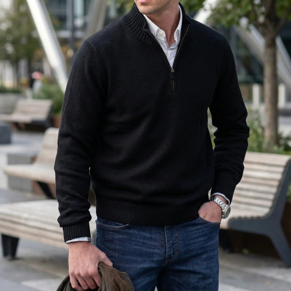 Cozy Knit Half-Zip Sweater for Men with Stand Collar Long Sleeve Pullover Ribbed Winter Style