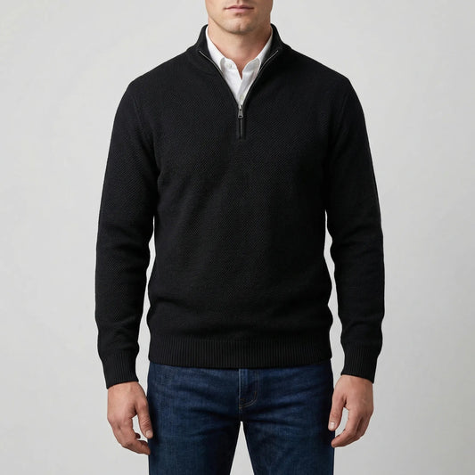 Cozy Knit Sweater for Men with Stand Collar Long Sleeve Half Zip Ribbed Casual Style