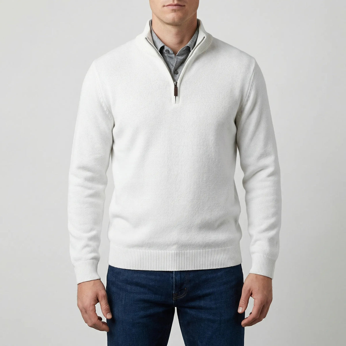 Cozy Knit Half-Zip Sweater for Men with Stand Collar Long Sleeve Pullover Ribbed Winter Style