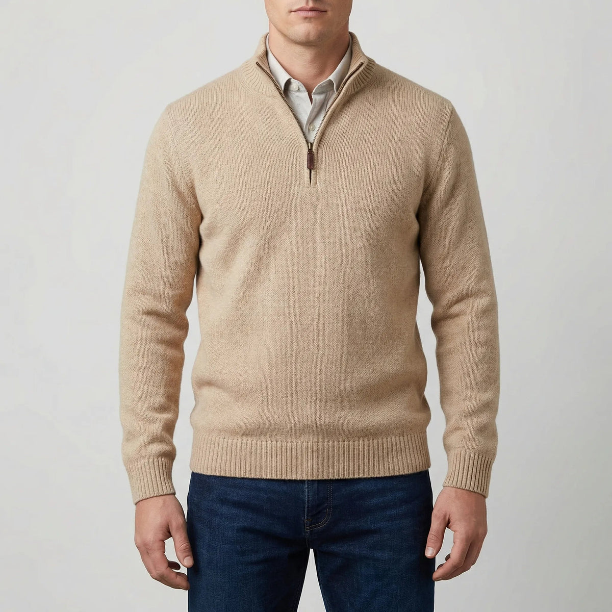 Cozy Knit Half-Zip Sweater for Men with Stand Collar Long Sleeve Pullover Ribbed Winter Style