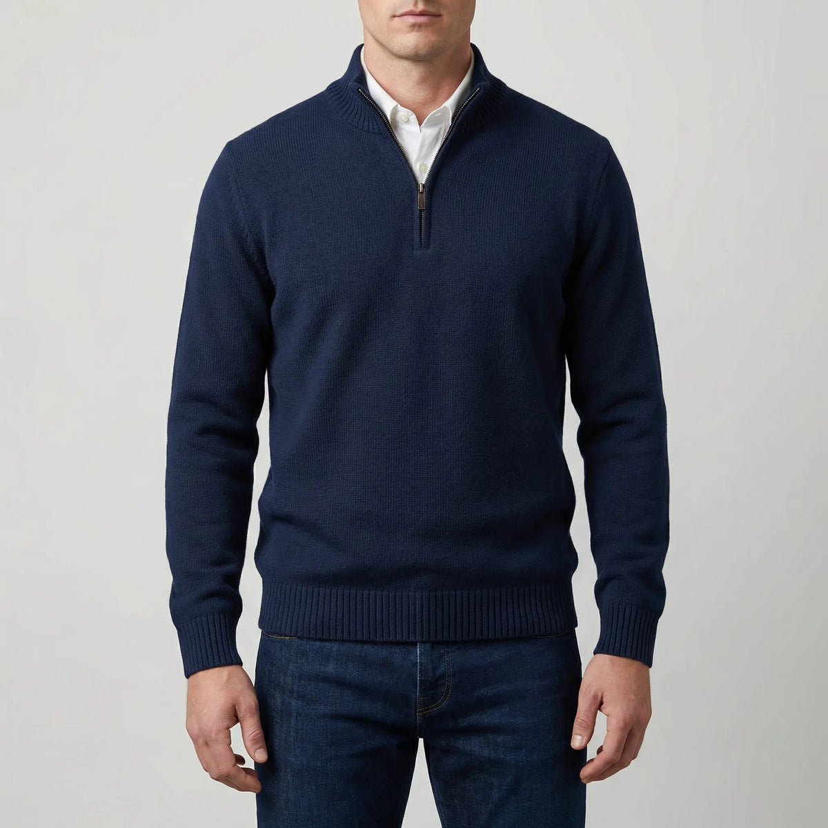 Cozy Knit Half-Zip Sweater for Men with Stand Collar Long Sleeve Pullover Ribbed Winter Style