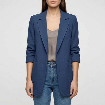Effortless Blazer for Women with Notched Lapel Long Sleeve Open Front Patch Pocket Longline Style