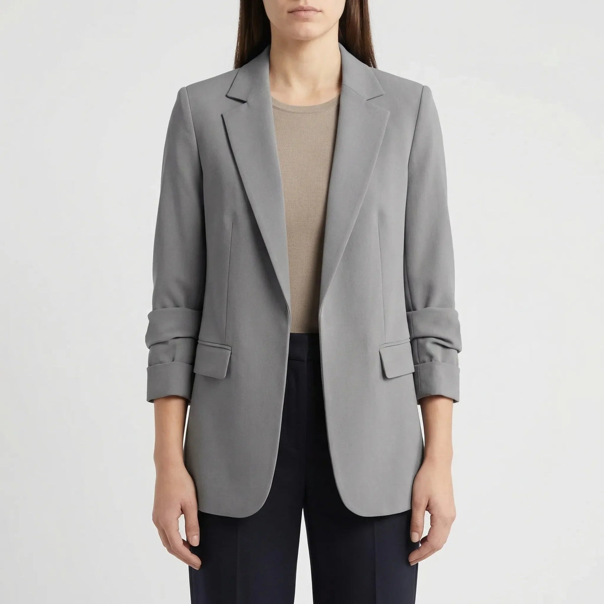 Effortless Blazer for Women with Notched Lapel Long Sleeve Open Front Patch Pocket Longline Style