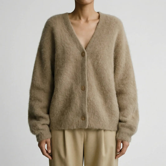 Cozy Knit Cardigan for Women with V Neck Long Sleeve Button Front Fuzzy Relaxed Style