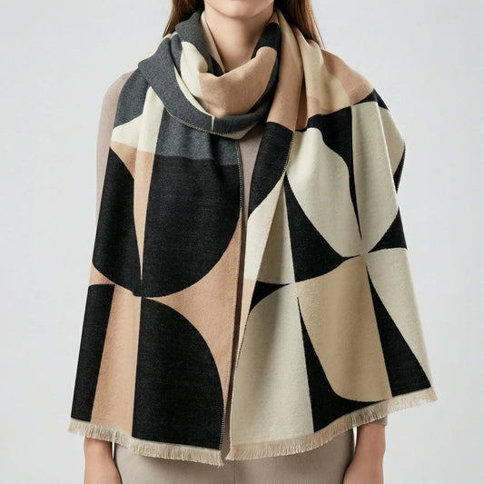 Cozy Poncho Scarf for Women with Reversible Geometric Colorblock Oversized Blanket Style