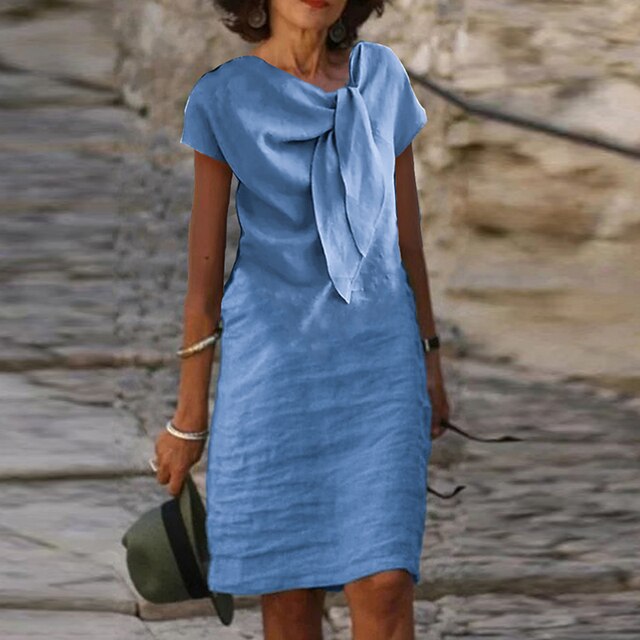 Elegant Linen Midi Dress for Women with Tie Neck Short Sleeve Shift Relaxed Style