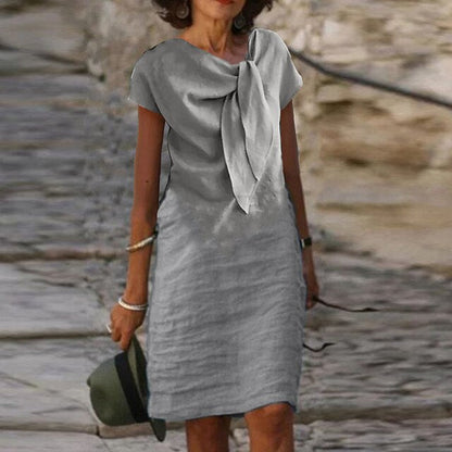 Elegant Linen Midi Dress for Women with Tie Neck Short Sleeve Shift Relaxed Style