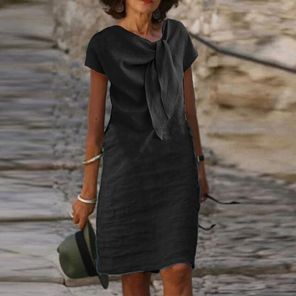 Elegant Linen Midi Dress for Women with Tie Neck Short Sleeve Shift Relaxed Style