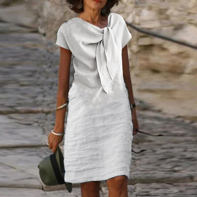 Elegant Linen Midi Dress for Women with Tie Neck Short Sleeve Shift Relaxed Style