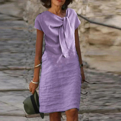 Elegant Linen Midi Dress for Women with Tie Neck Short Sleeve Shift Relaxed Style