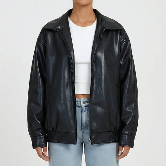 Women's Faux Leather Bomber Jacket Oversized Zip-Up Collared Slouchy Slash Pocket Ribbed Hem