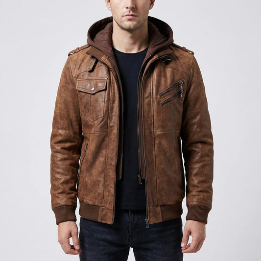 Edgy Leather Jacket for Men with Removable Hood Long Sleeve Zip Up Bomber Moto Style