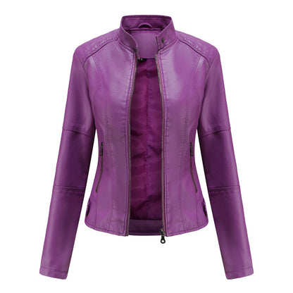 Effortless Faux Leather Biker Jacket for Women with Stand Collar Long Sleeve Cropped Zip Front Style