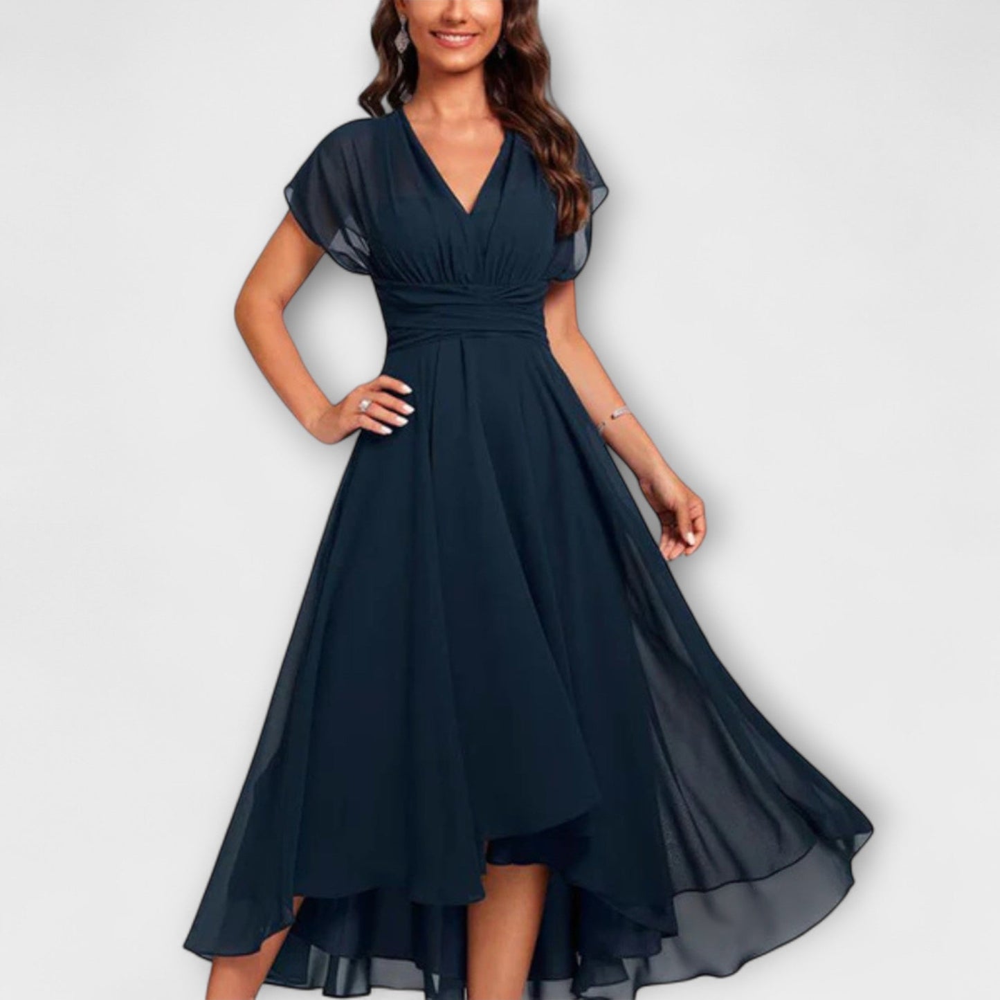 Elegant Navy Chiffon Autumn Wedding Guest Dress for Women with Wrap V Neck Flutter Sleeve High Low Style