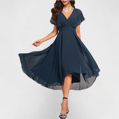 Elegant Navy Chiffon Autumn Wedding Guest Dress for Women with Wrap V Neck Flutter Sleeve High Low Style
