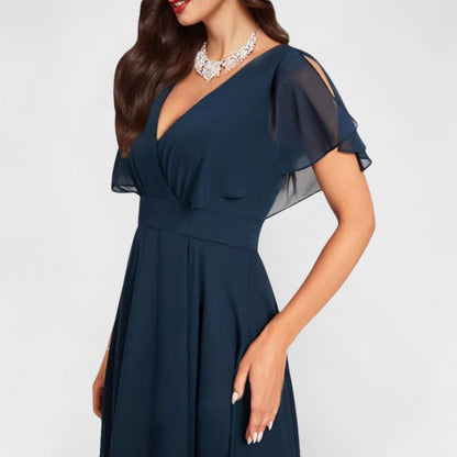 Elegant Navy Chiffon Autumn Wedding Guest Dress for Women with Wrap V Neck Flutter Sleeve High Low Style