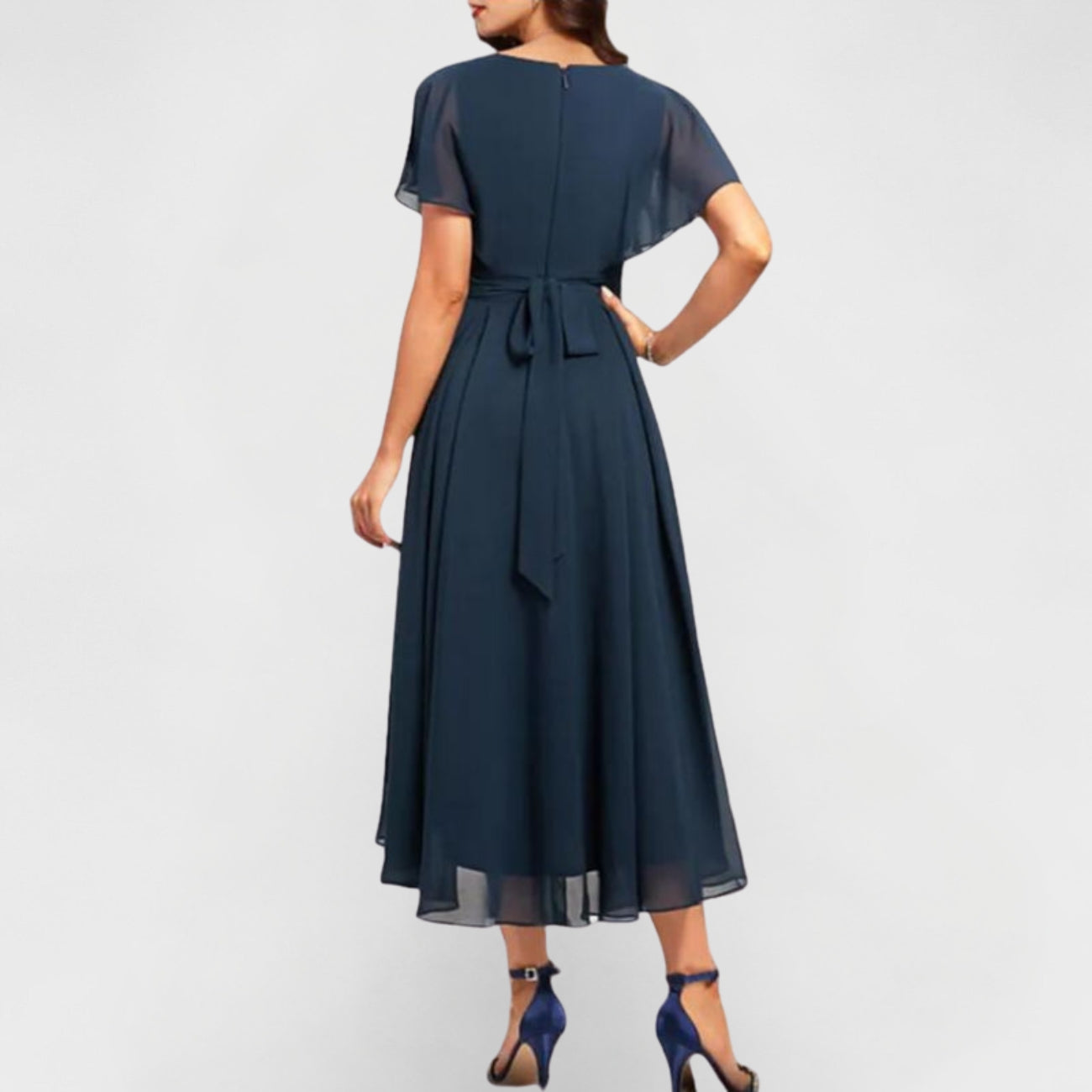 Elegant Navy Chiffon Autumn Wedding Guest Dress for Women with Wrap V Neck Flutter Sleeve High Low Style