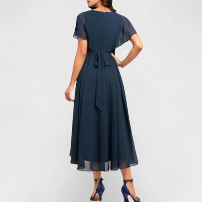 Elegant Navy Chiffon Autumn Wedding Guest Dress for Women with Wrap V Neck Flutter Sleeve High Low Style