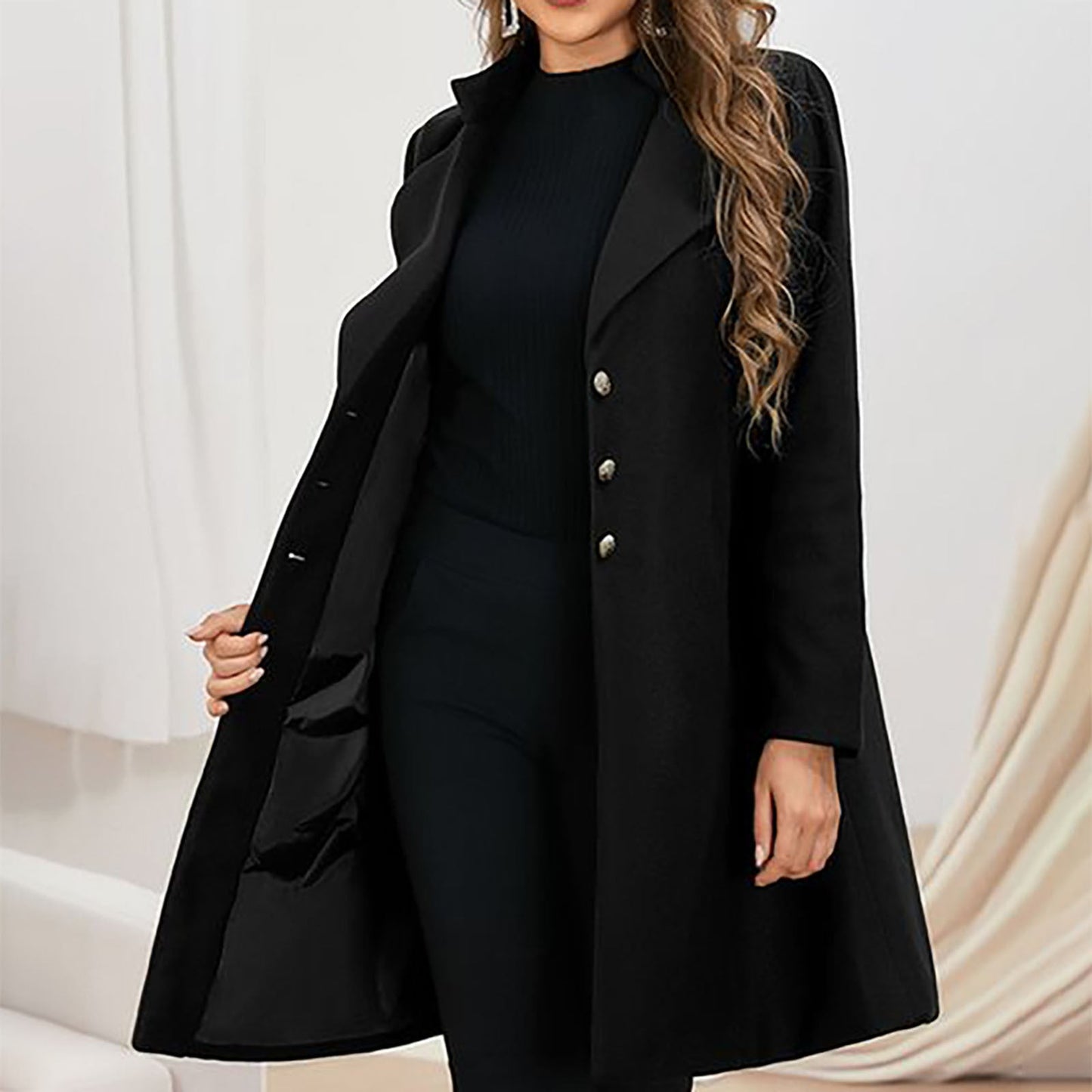 Elegant Wool Coat for Women with Notched Lapel Long Sleeve Button Front Tailored Style