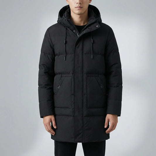 Cozy Long Puffer Coat for Men with Hooded Collar Long Sleeve Zip Up Quilted Oversized Style