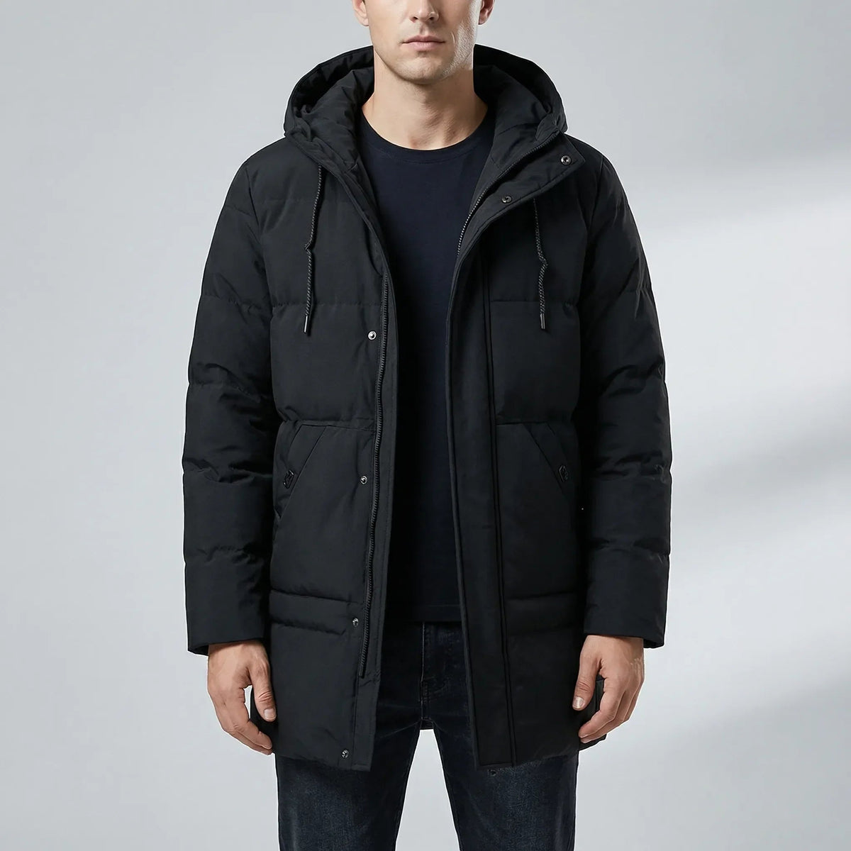 Cozy Puffer Jacket for Men with Hooded Collar Long Sleeve Zip Up Quilted Mid Length Style