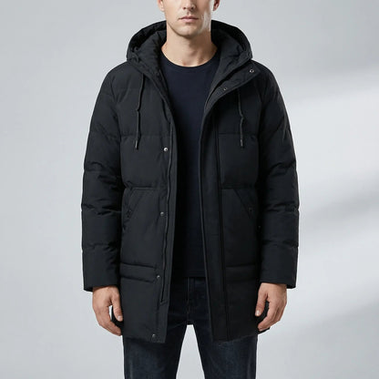 Cozy Puffer Jacket for Men with Hooded Collar Long Sleeve Zip Up Quilted Mid Length Style